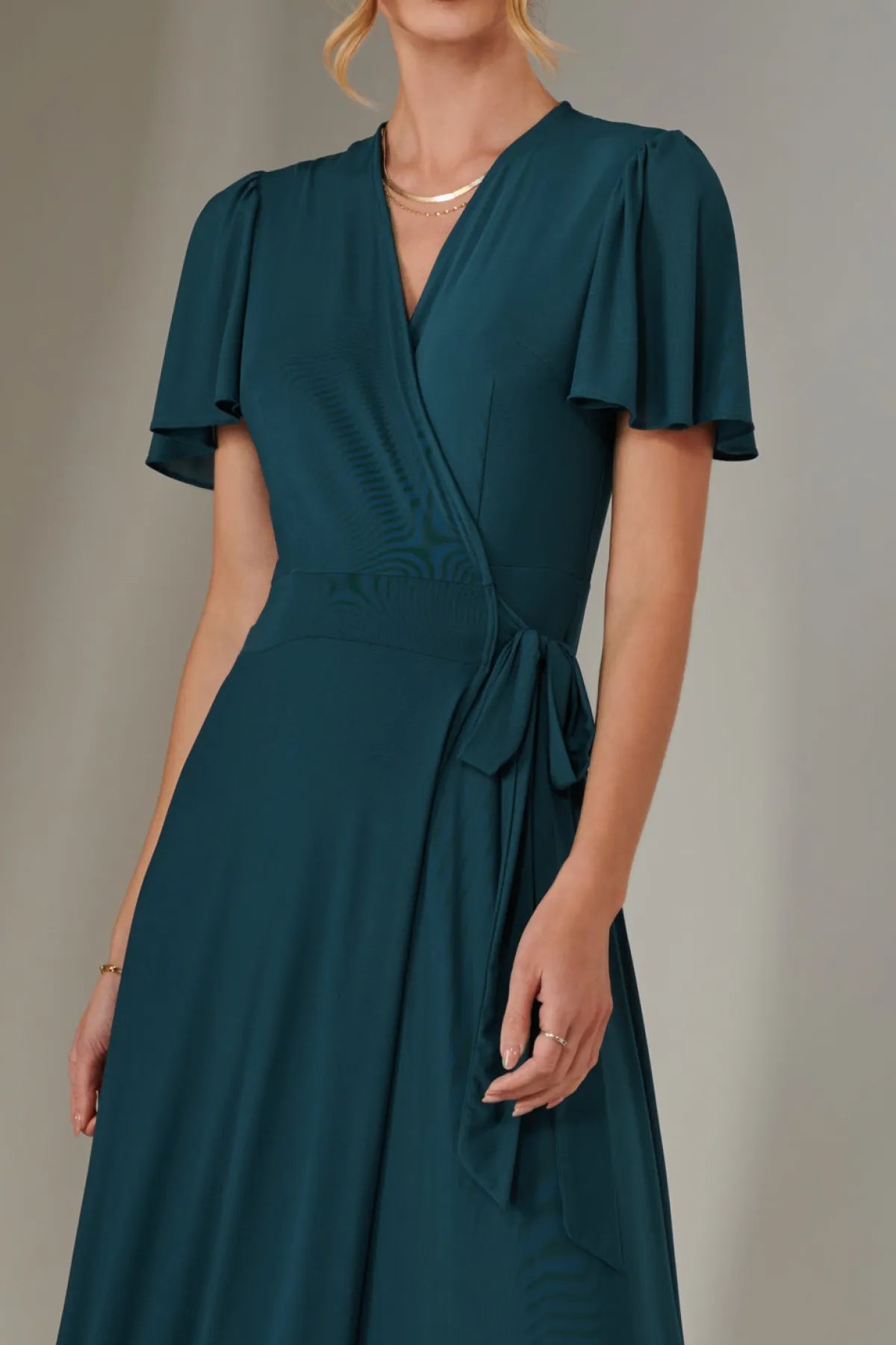 Jolie Moi Occasion Dresses|Party Dresses-Angel Sleeve Wrapped Mesh Maxi Dress, Dark Teal