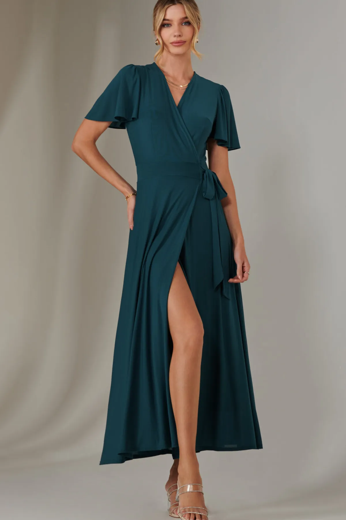 Jolie Moi Occasion Dresses|Party Dresses-Angel Sleeve Wrapped Mesh Maxi Dress, Dark Teal