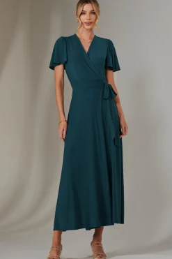 Jolie Moi Occasion Dresses|Party Dresses-Angel Sleeve Wrapped Mesh Maxi Dress, Dark Teal