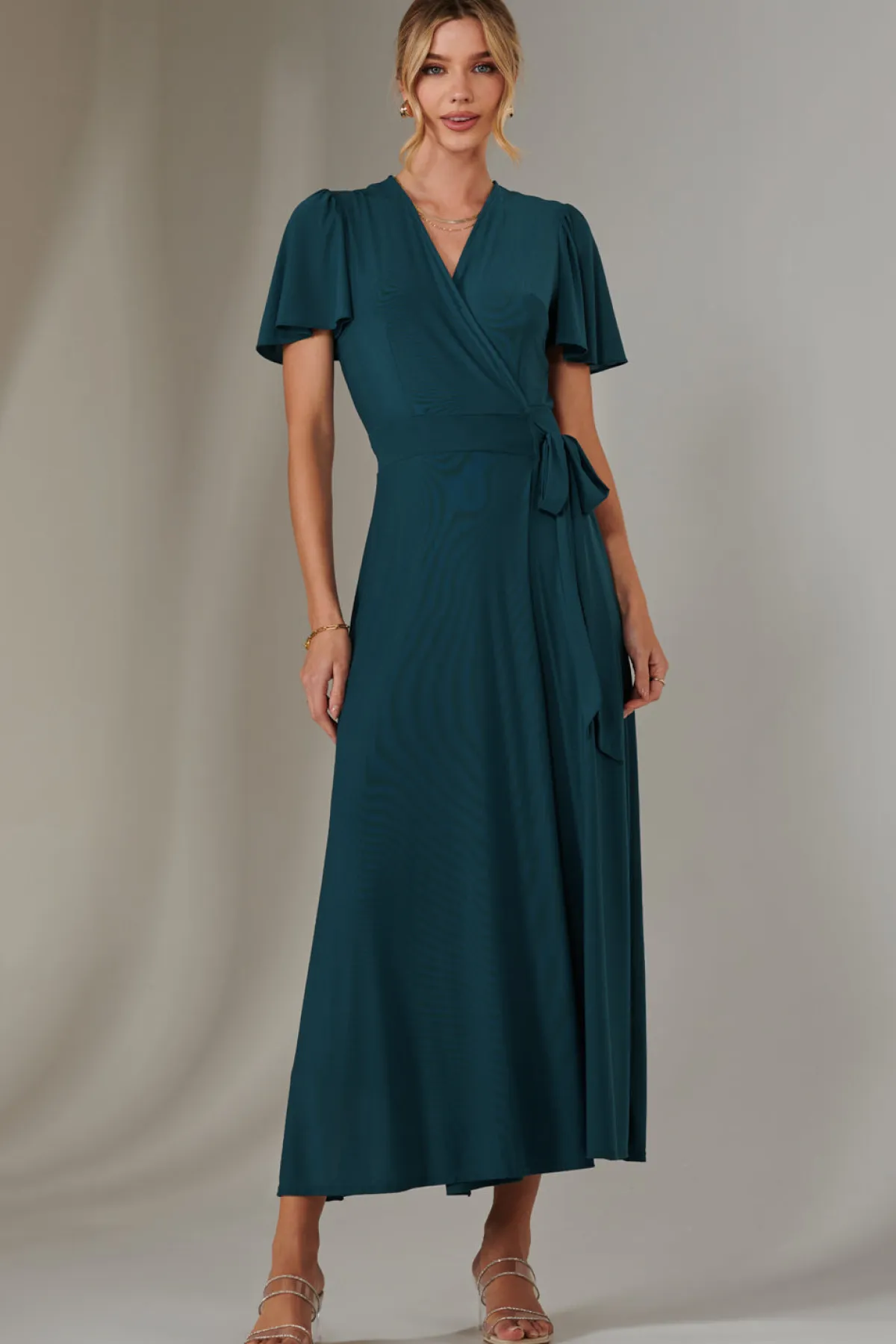 Jolie Moi Occasion Dresses|Party Dresses-Angel Sleeve Wrapped Mesh Maxi Dress, Dark Teal