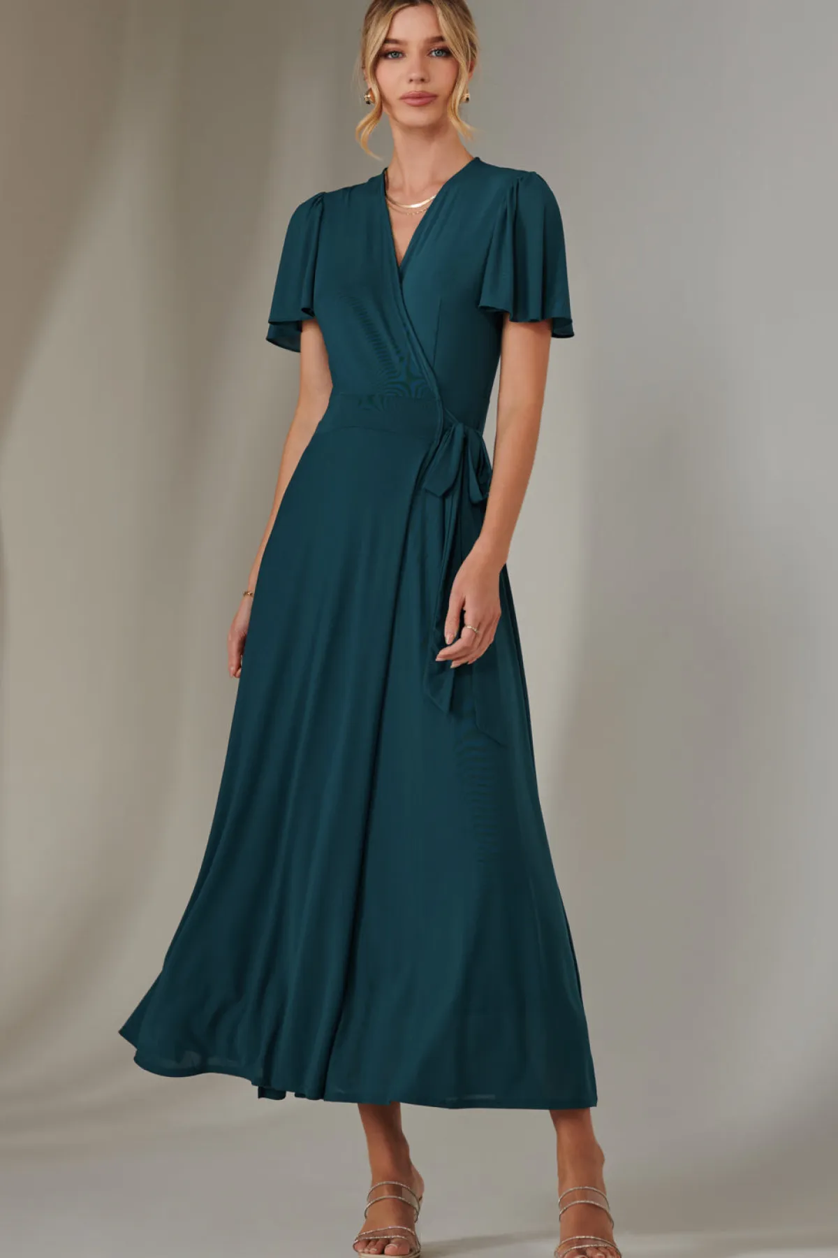 Jolie Moi Occasion Dresses|Party Dresses-Angel Sleeve Wrapped Mesh Maxi Dress, Dark Teal