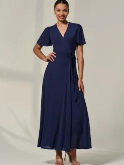 Jolie Moi Occasion Dresses|Wrap Dresses-Angel Sleeve Wrapped Mesh Maxi Dress, Navy