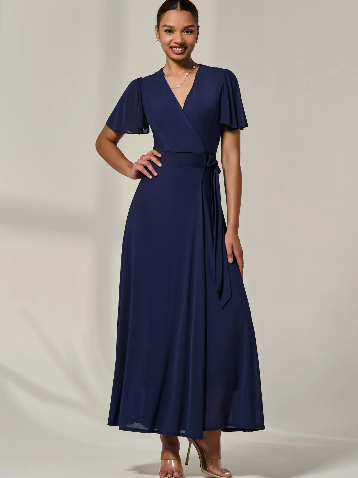 Jolie Moi Occasion Dresses|Wrap Dresses-Angel Sleeve Wrapped Mesh Maxi Dress, Navy