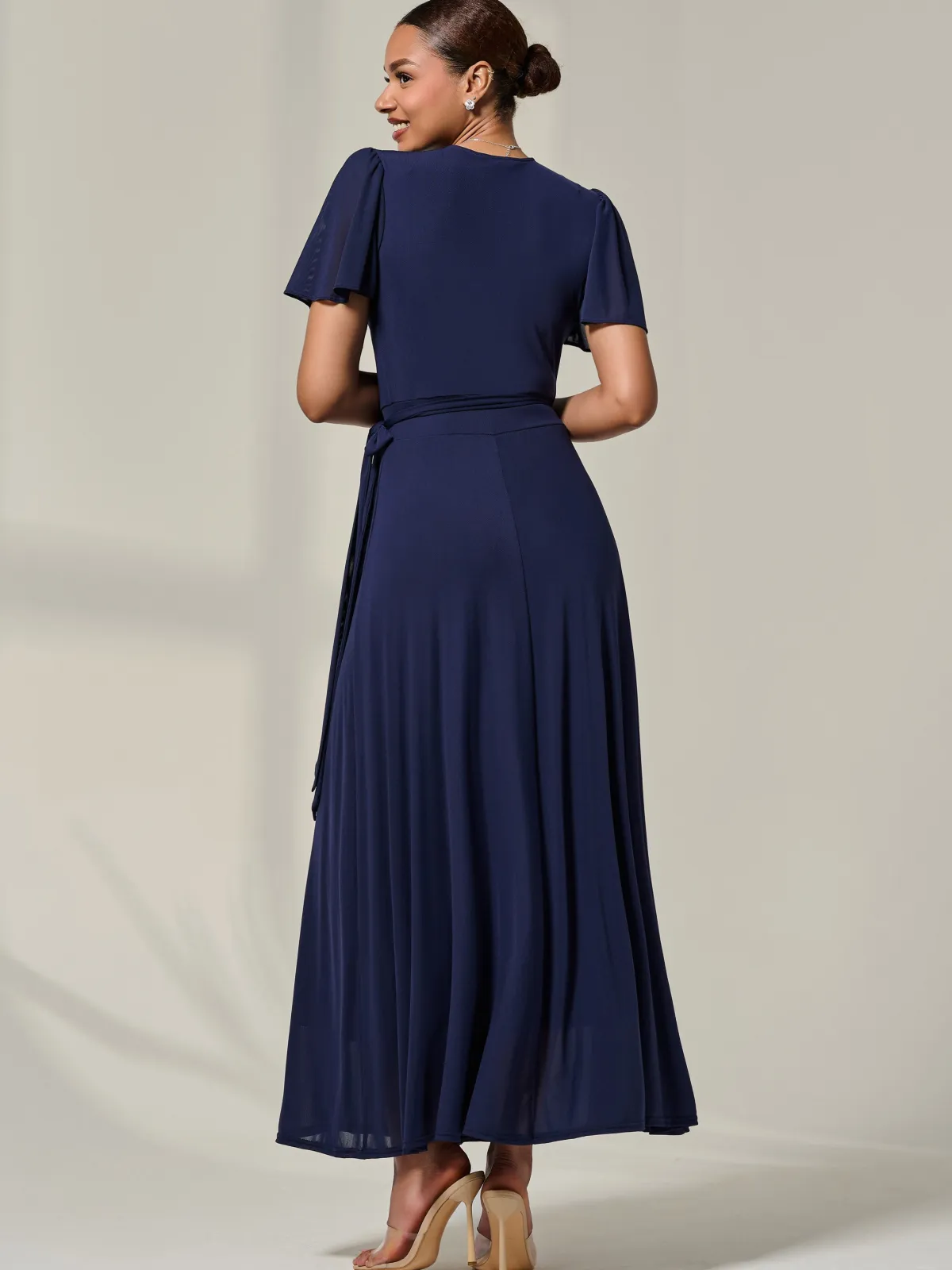 Jolie Moi Occasion Dresses|Wrap Dresses-Angel Sleeve Wrapped Mesh Maxi Dress, Navy