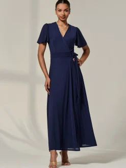 Jolie Moi Occasion Dresses|Wrap Dresses-Angel Sleeve Wrapped Mesh Maxi Dress, Navy