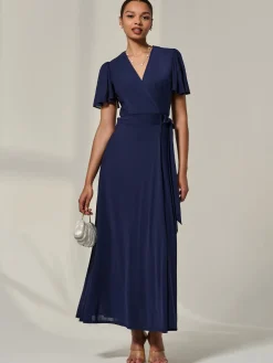 Jolie Moi Occasion Dresses|Wrap Dresses-Angel Sleeve Wrapped Mesh Maxi Dress, Navy