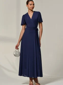 Jolie Moi Occasion Dresses|Wrap Dresses-Angel Sleeve Wrapped Mesh Maxi Dress, Navy