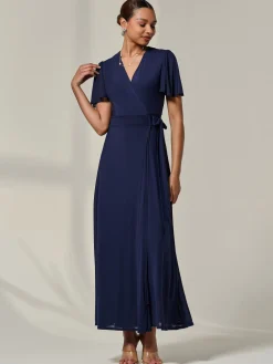 Jolie Moi Occasion Dresses|Wrap Dresses-Angel Sleeve Wrapped Mesh Maxi Dress, Navy