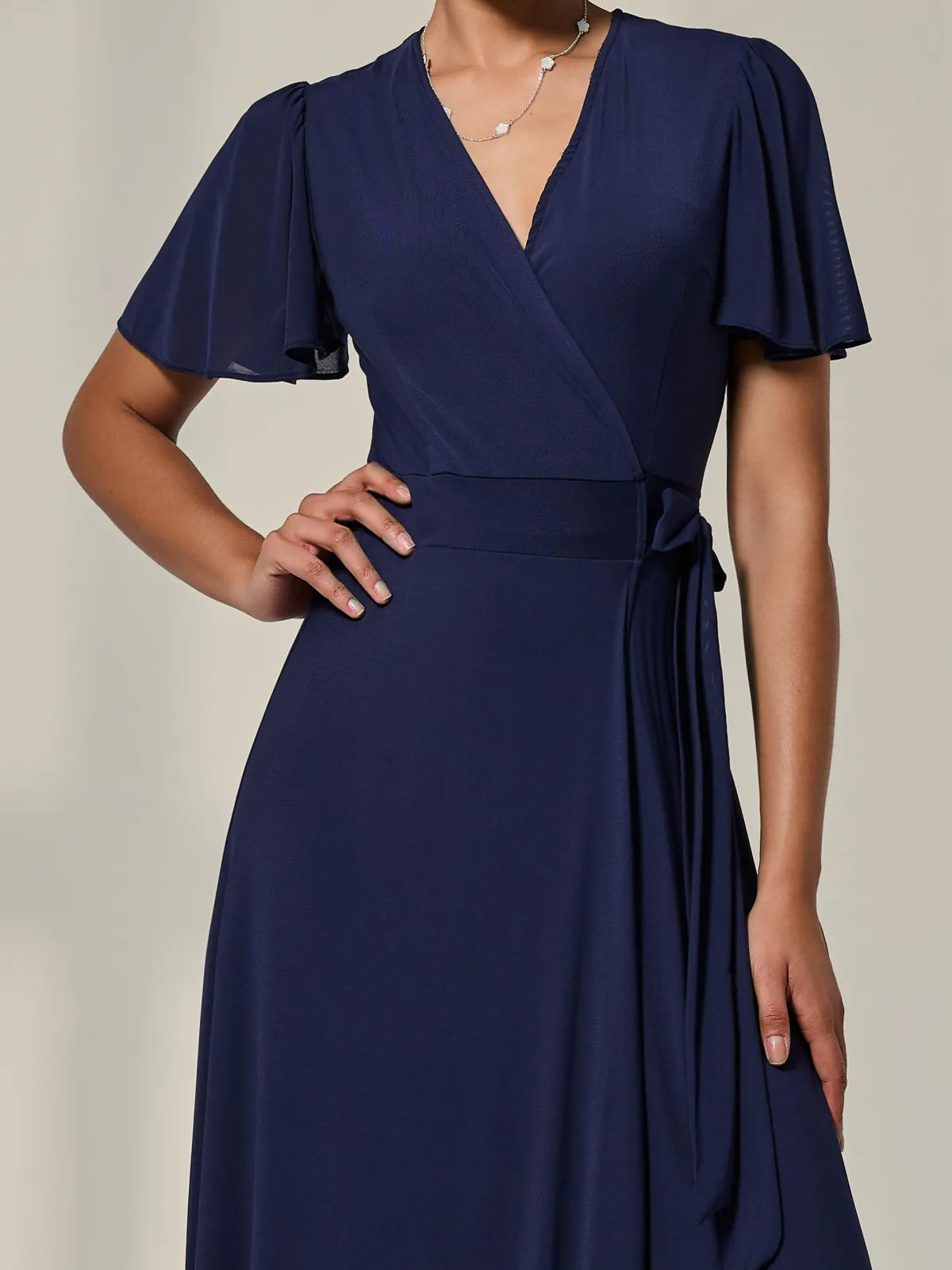 Jolie Moi Occasion Dresses|Wrap Dresses-Angel Sleeve Wrapped Mesh Maxi Dress, Navy