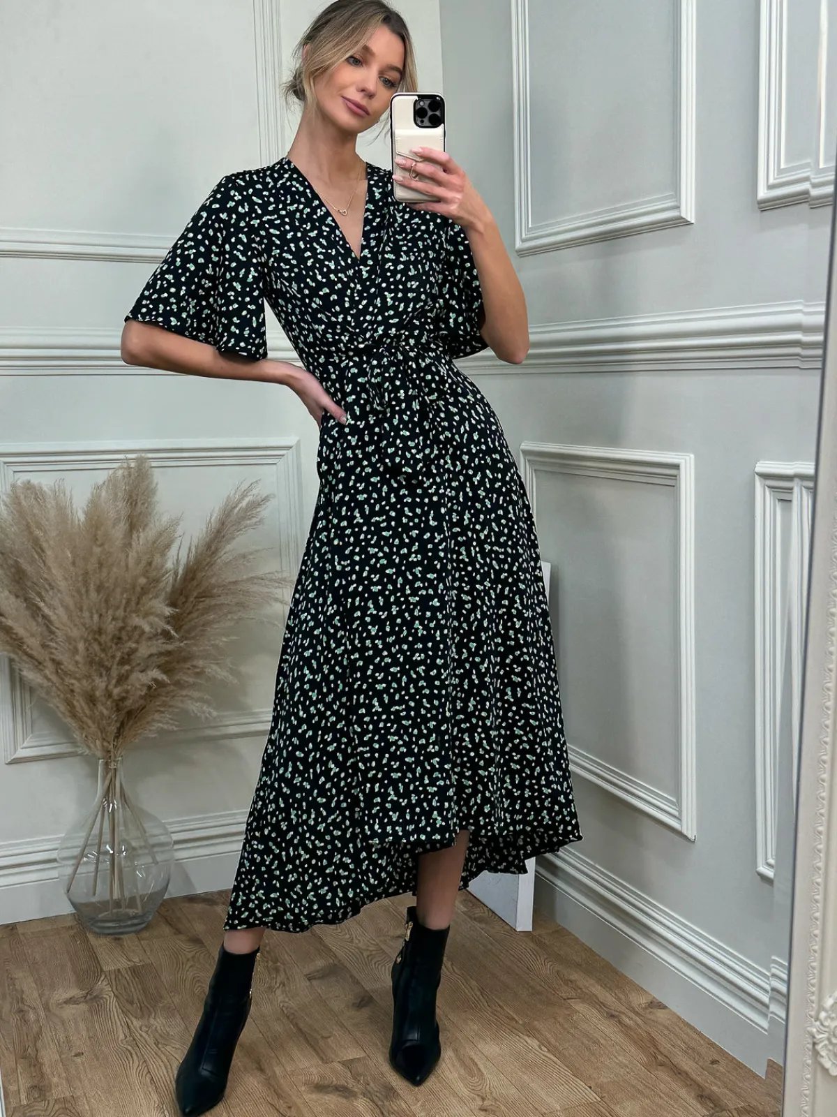 Jolie Moi Office Wear|Occasion Dresses-Angel Sleeve Wrap Tie Front Maxi Dress, Black Spot