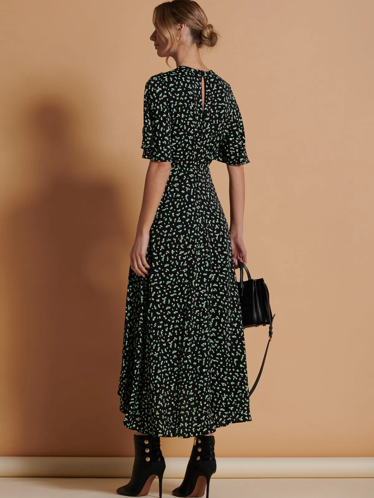 Jolie Moi Office Wear|Occasion Dresses-Angel Sleeve Wrap Tie Front Maxi Dress, Black Spot