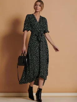 Jolie Moi Office Wear|Occasion Dresses-Angel Sleeve Wrap Tie Front Maxi Dress, Black Spot