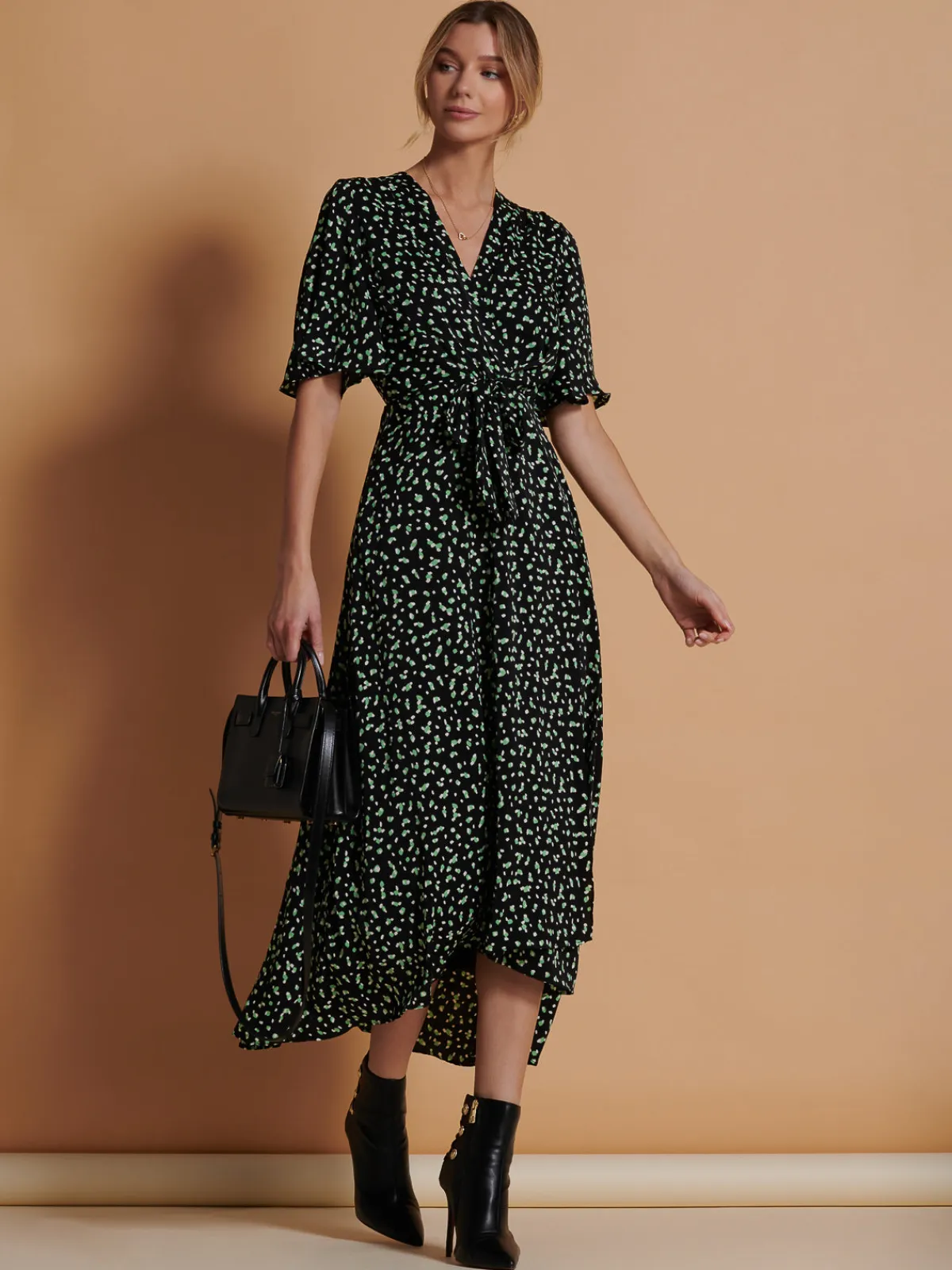 Jolie Moi Office Wear|Occasion Dresses-Angel Sleeve Wrap Tie Front Maxi Dress, Black Spot