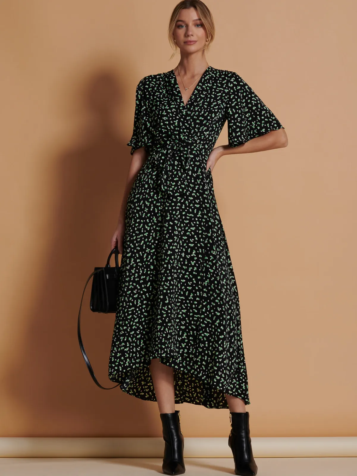 Jolie Moi Office Wear|Occasion Dresses-Angel Sleeve Wrap Tie Front Maxi Dress, Black Spot