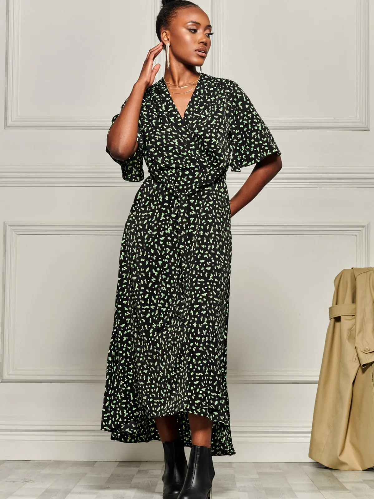 Jolie Moi Office Wear|Occasion Dresses-Angel Sleeve Wrap Tie Front Maxi Dress, Black Spot