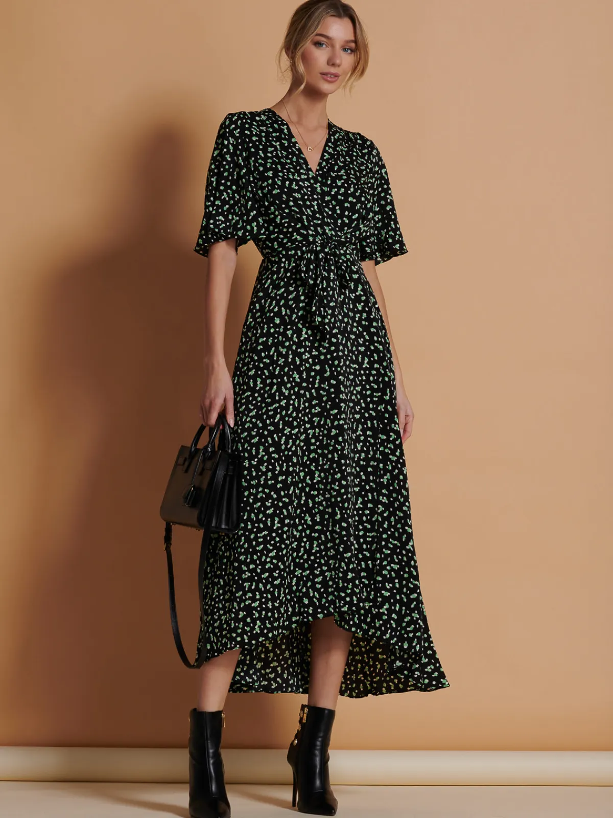 Jolie Moi Office Wear|Occasion Dresses-Angel Sleeve Wrap Tie Front Maxi Dress, Black Spot