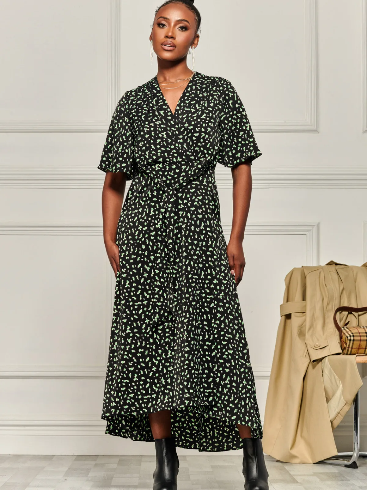 Jolie Moi Office Wear|Occasion Dresses-Angel Sleeve Wrap Tie Front Maxi Dress, Black Spot