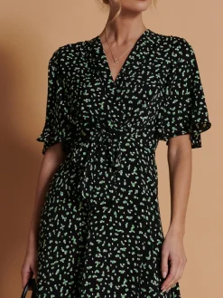 Jolie Moi Office Wear|Occasion Dresses-Angel Sleeve Wrap Tie Front Maxi Dress, Black Spot