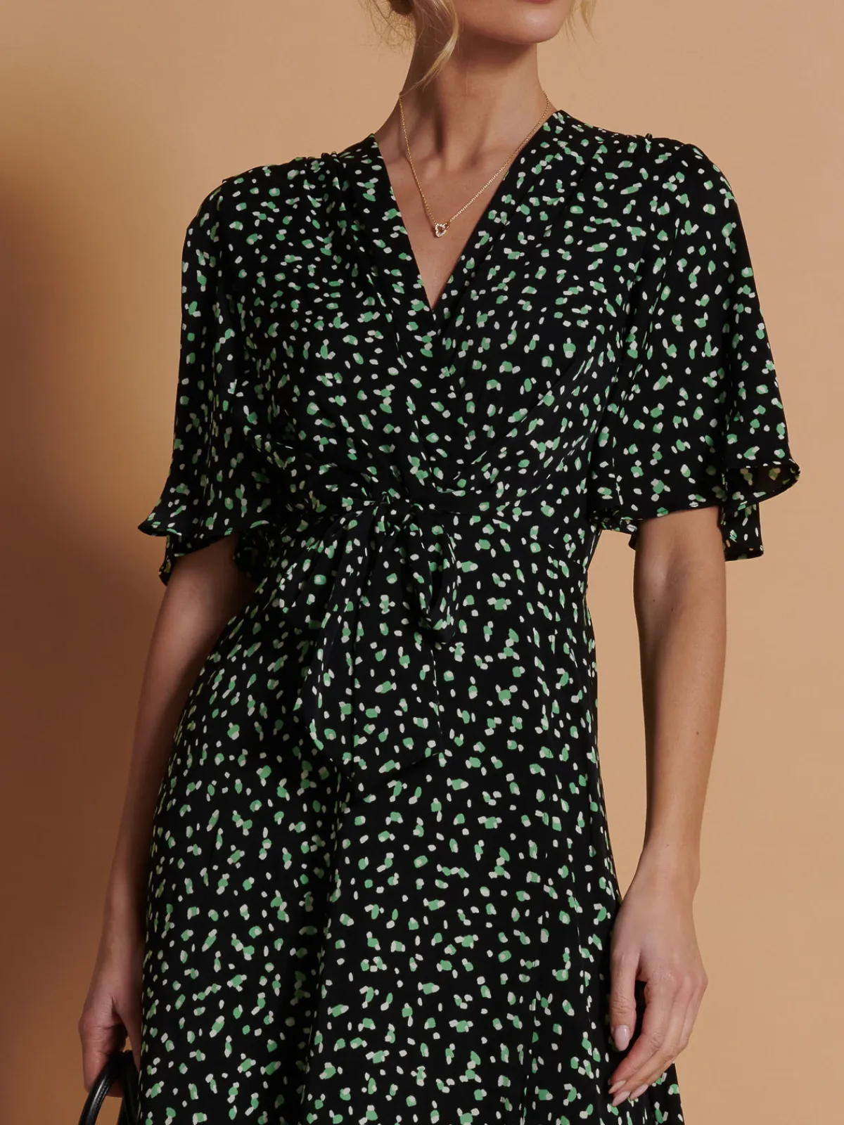 Jolie Moi Office Wear|Occasion Dresses-Angel Sleeve Wrap Tie Front Maxi Dress, Black Spot