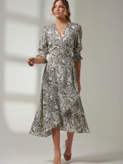 Jolie Moi Occasion Dresses|Weekend Casuals-Animal Print Crepe Wrap Midi Dress, White