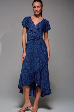 Jolie Moi Occasion Dresses|Jersey Dresses-Animal Print Frill Maxi Dress, Blue Animal