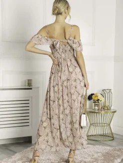 Jolie Moi Occasion Dresses|Floral Dresses-Antonella Frill Chiffon Maxi Dress, Pink Multi