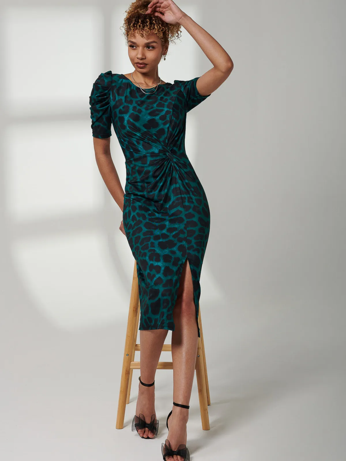 Jolie Moi Occasion Dresses|Office Dresses-Arica Jersey Puff Sleeve Bodycon Midi Dress, Green Animal