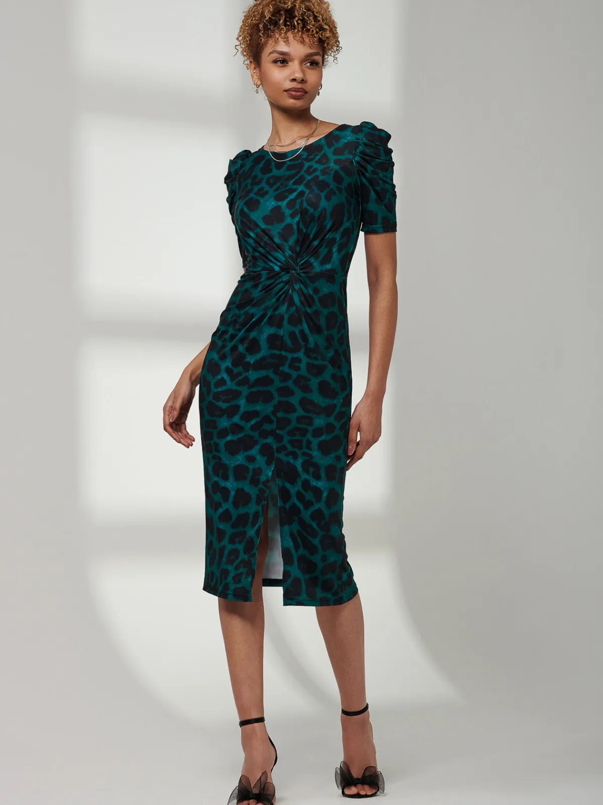Jolie Moi Occasion Dresses|Office Dresses-Arica Jersey Puff Sleeve Bodycon Midi Dress, Green Animal