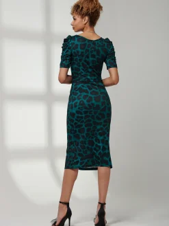 Jolie Moi Occasion Dresses|Office Dresses-Arica Jersey Puff Sleeve Bodycon Midi Dress, Green Animal