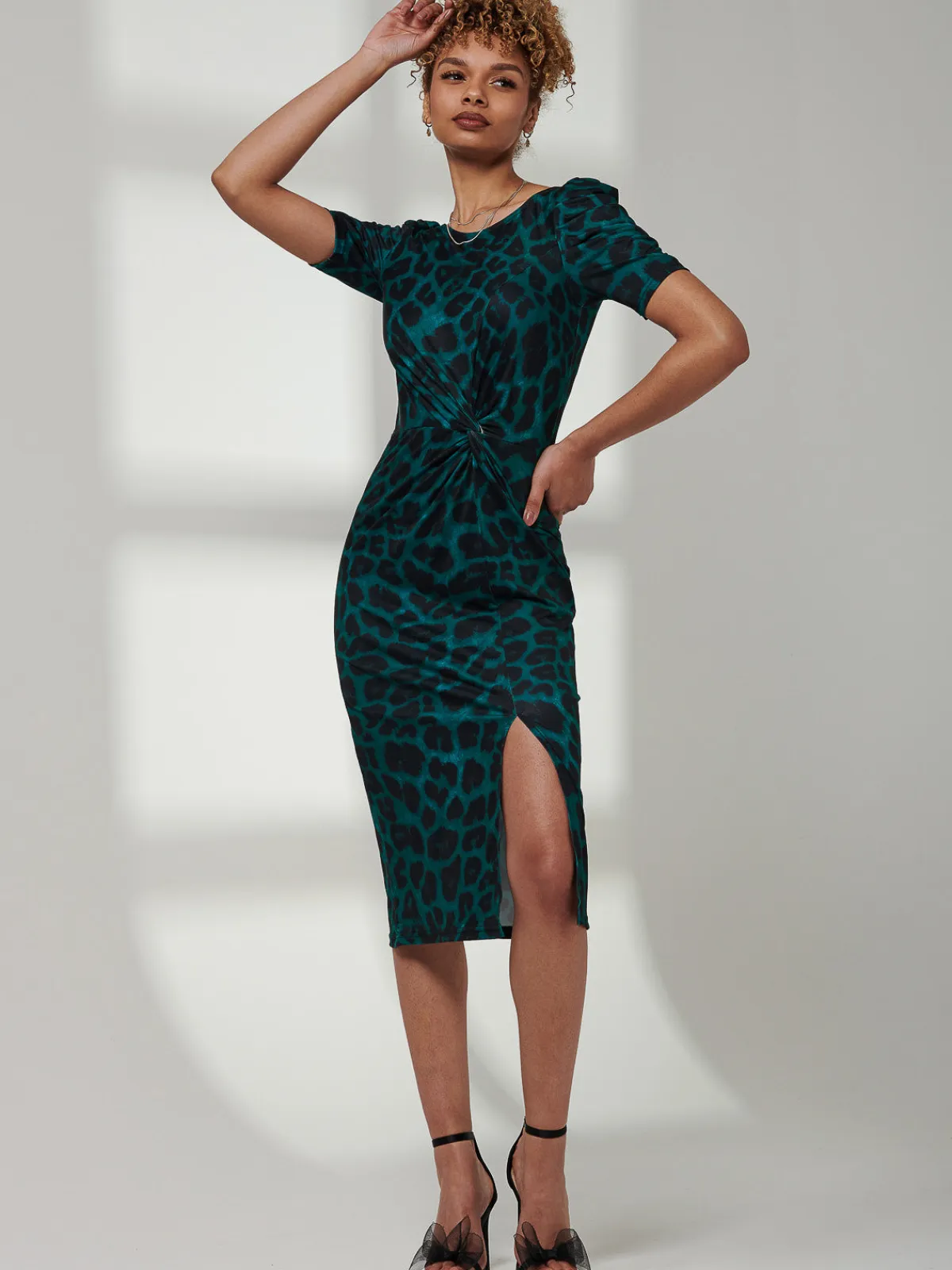 Jolie Moi Occasion Dresses|Office Dresses-Arica Jersey Puff Sleeve Bodycon Midi Dress, Green Animal