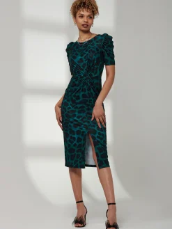 Jolie Moi Occasion Dresses|Office Dresses-Arica Jersey Puff Sleeve Bodycon Midi Dress, Green Animal