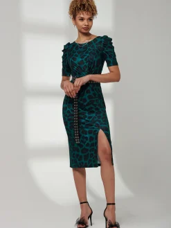 Jolie Moi Occasion Dresses|Office Dresses-Arica Jersey Puff Sleeve Bodycon Midi Dress, Green Animal