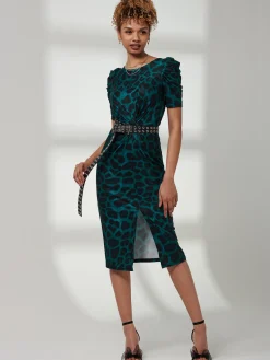 Jolie Moi Occasion Dresses|Office Dresses-Arica Jersey Puff Sleeve Bodycon Midi Dress, Green Animal
