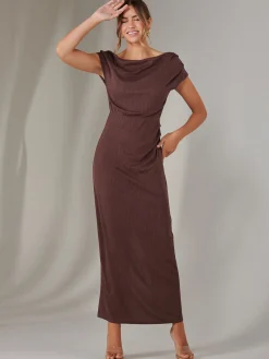 Jolie Moi Occasion Dresses|Party Dresses-Asymmetrical Bodycon Midaxi Dress, Brown