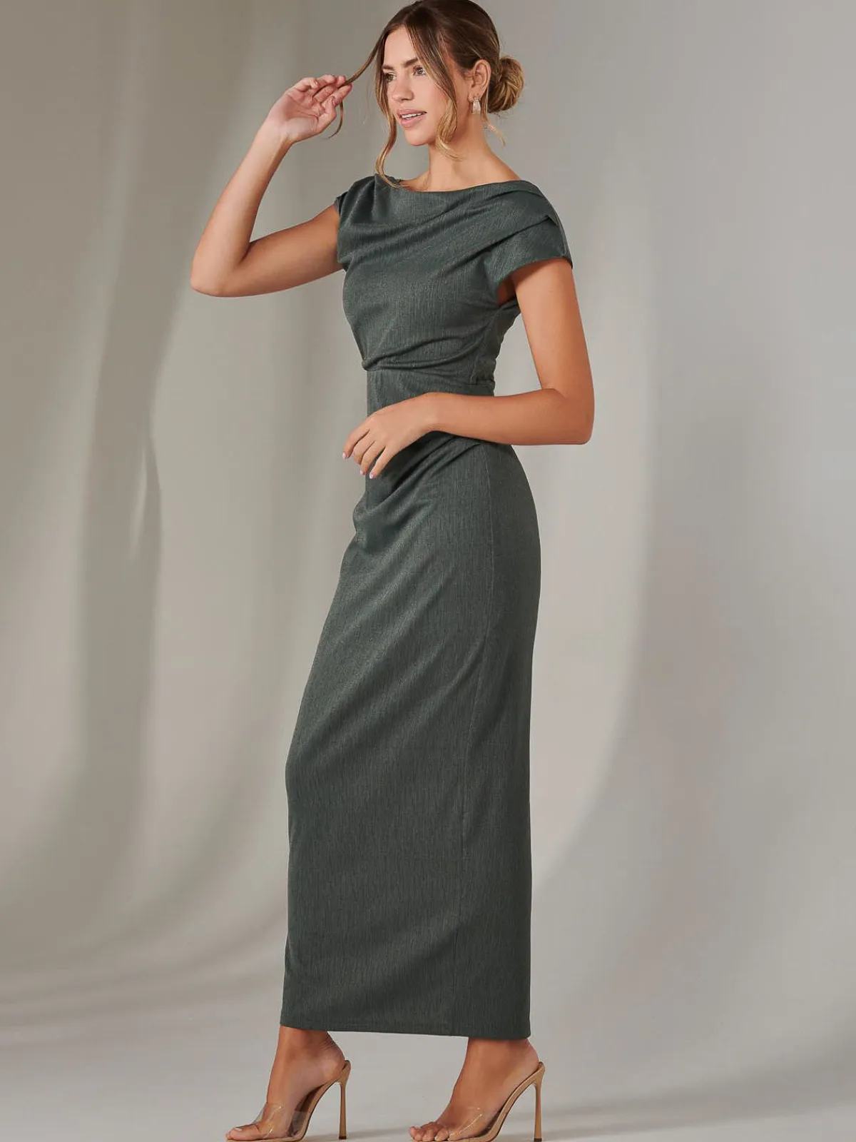Jolie Moi Occasion Dresses|Maxi Dresses-Asymmetrical Bodycon Midaxi Dress, Khaki