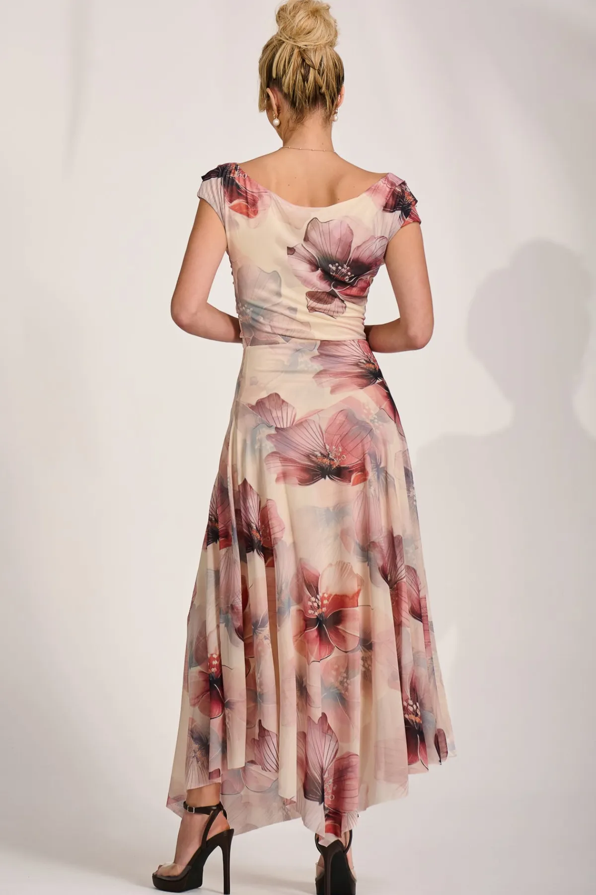 Jolie Moi Occasion Dresses|Floral Dresses-Asymmetrical Draped Mesh Maxi Dress, Beige Floral