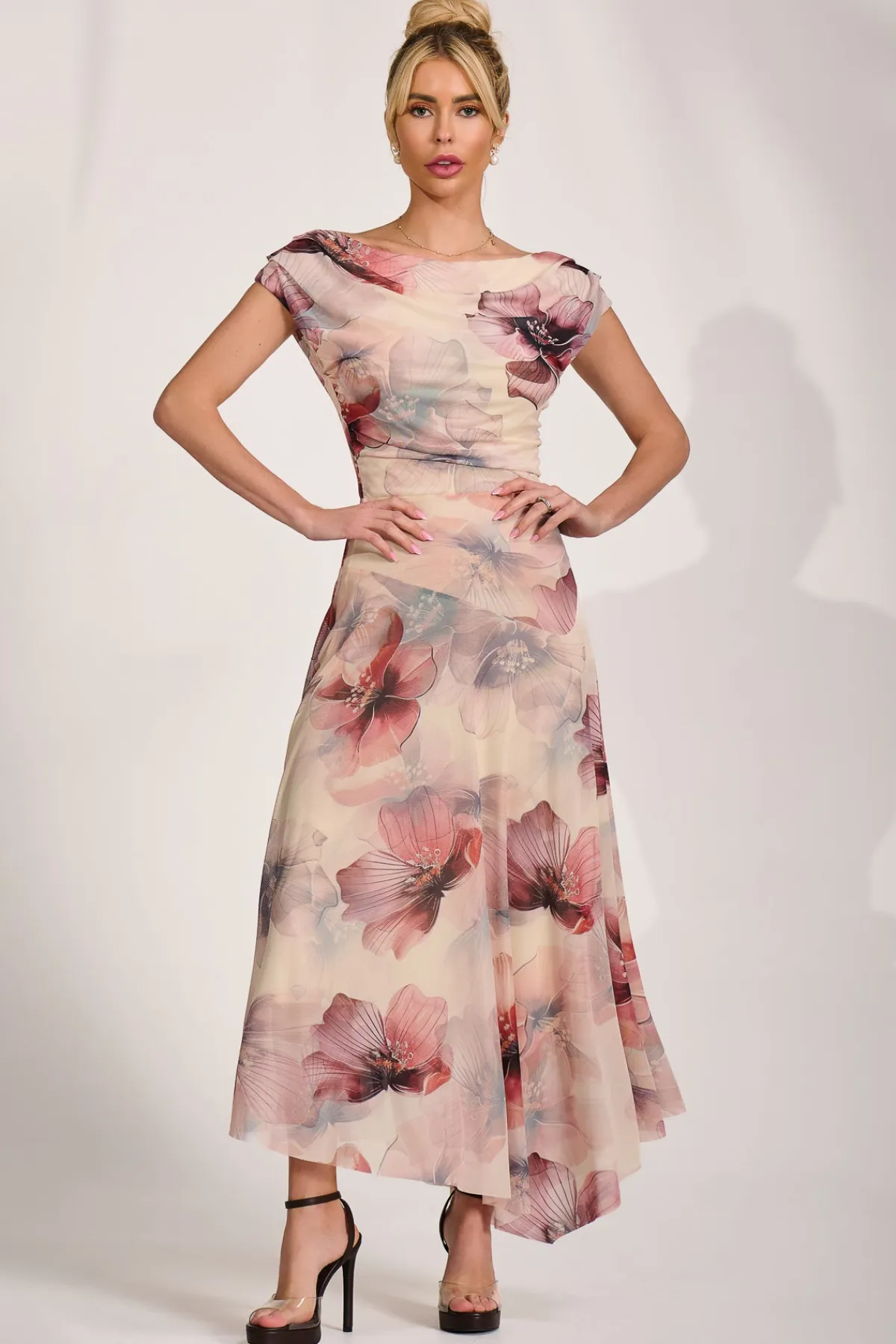 Jolie Moi Occasion Dresses|Floral Dresses-Asymmetrical Draped Mesh Maxi Dress, Beige Floral