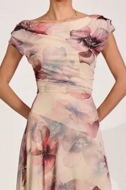Jolie Moi Occasion Dresses|Floral Dresses-Asymmetrical Draped Mesh Maxi Dress, Beige Floral