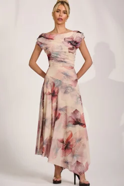 Jolie Moi Occasion Dresses|Floral Dresses-Asymmetrical Draped Mesh Maxi Dress, Beige Floral