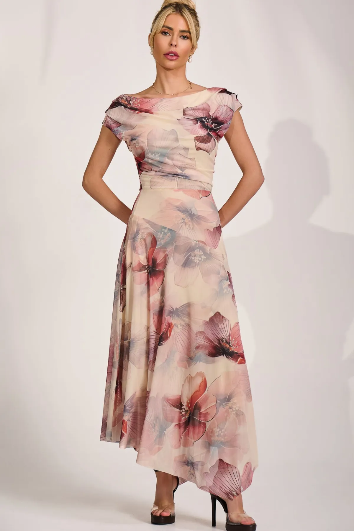 Jolie Moi Occasion Dresses|Floral Dresses-Asymmetrical Draped Mesh Maxi Dress, Beige Floral