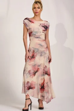 Jolie Moi Occasion Dresses|Floral Dresses-Asymmetrical Draped Mesh Maxi Dress, Beige Floral