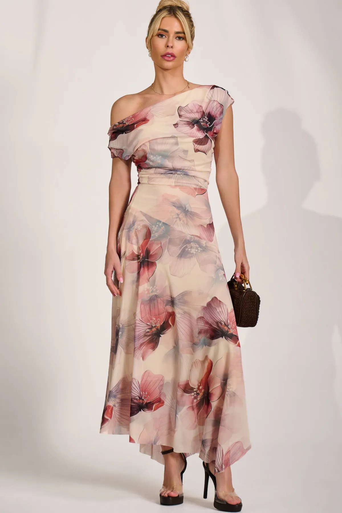Jolie Moi Occasion Dresses|Floral Dresses-Asymmetrical Draped Mesh Maxi Dress, Beige Floral