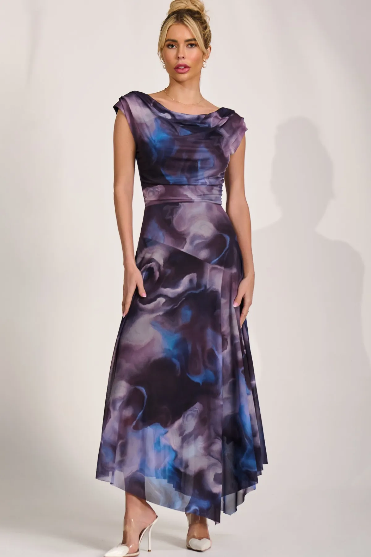 Jolie Moi Occasion Dresses|Sleeveless Dresses-Asymmetrical Draped Mesh Maxi Dress, Blue Abstract