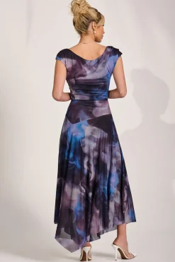 Jolie Moi Occasion Dresses|Sleeveless Dresses-Asymmetrical Draped Mesh Maxi Dress, Blue Abstract