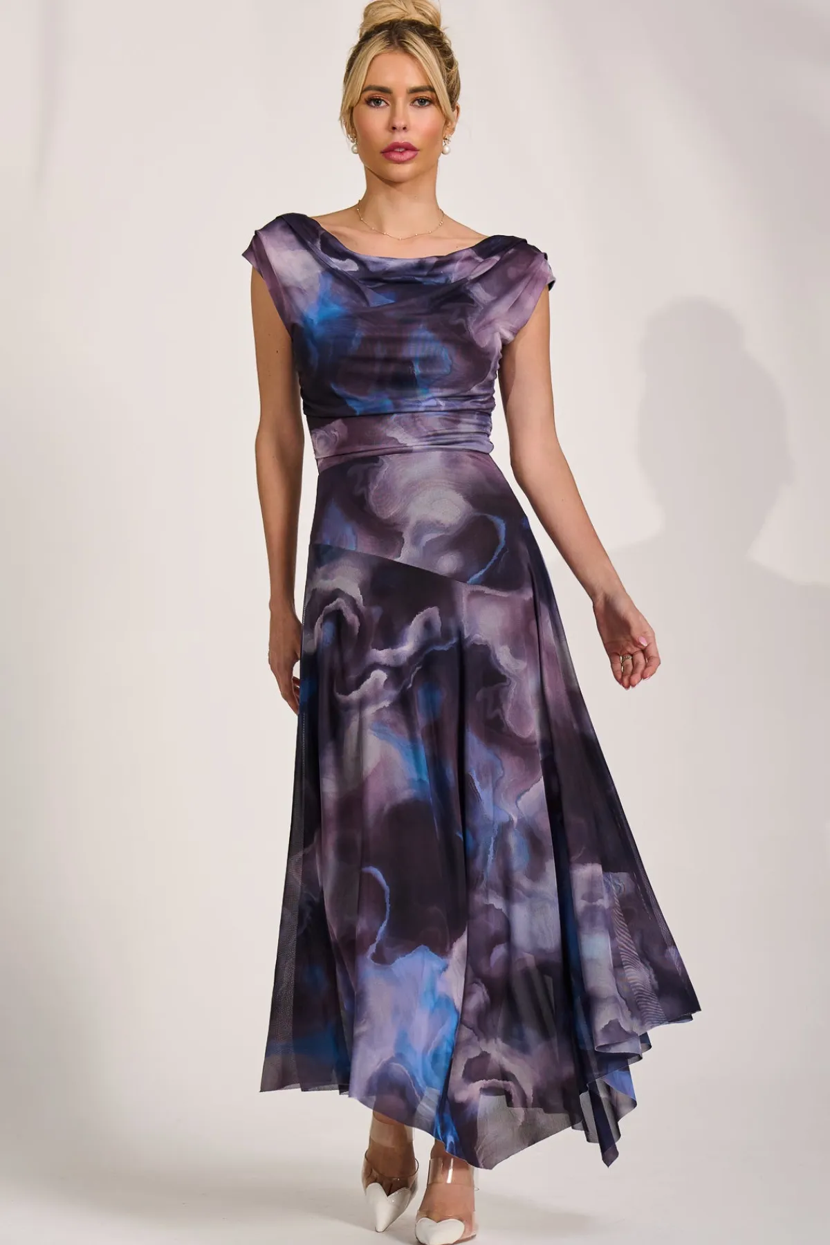 Jolie Moi Occasion Dresses|Sleeveless Dresses-Asymmetrical Draped Mesh Maxi Dress, Blue Abstract