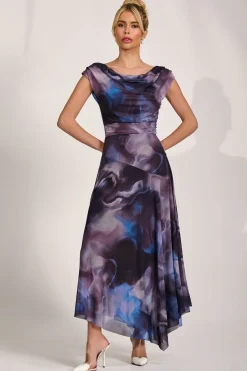 Jolie Moi Occasion Dresses|Sleeveless Dresses-Asymmetrical Draped Mesh Maxi Dress, Blue Abstract