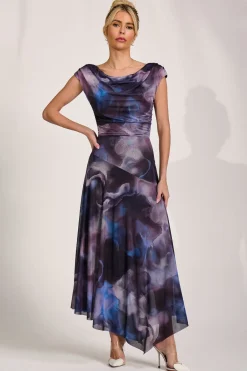 Jolie Moi Occasion Dresses|Sleeveless Dresses-Asymmetrical Draped Mesh Maxi Dress, Blue Abstract