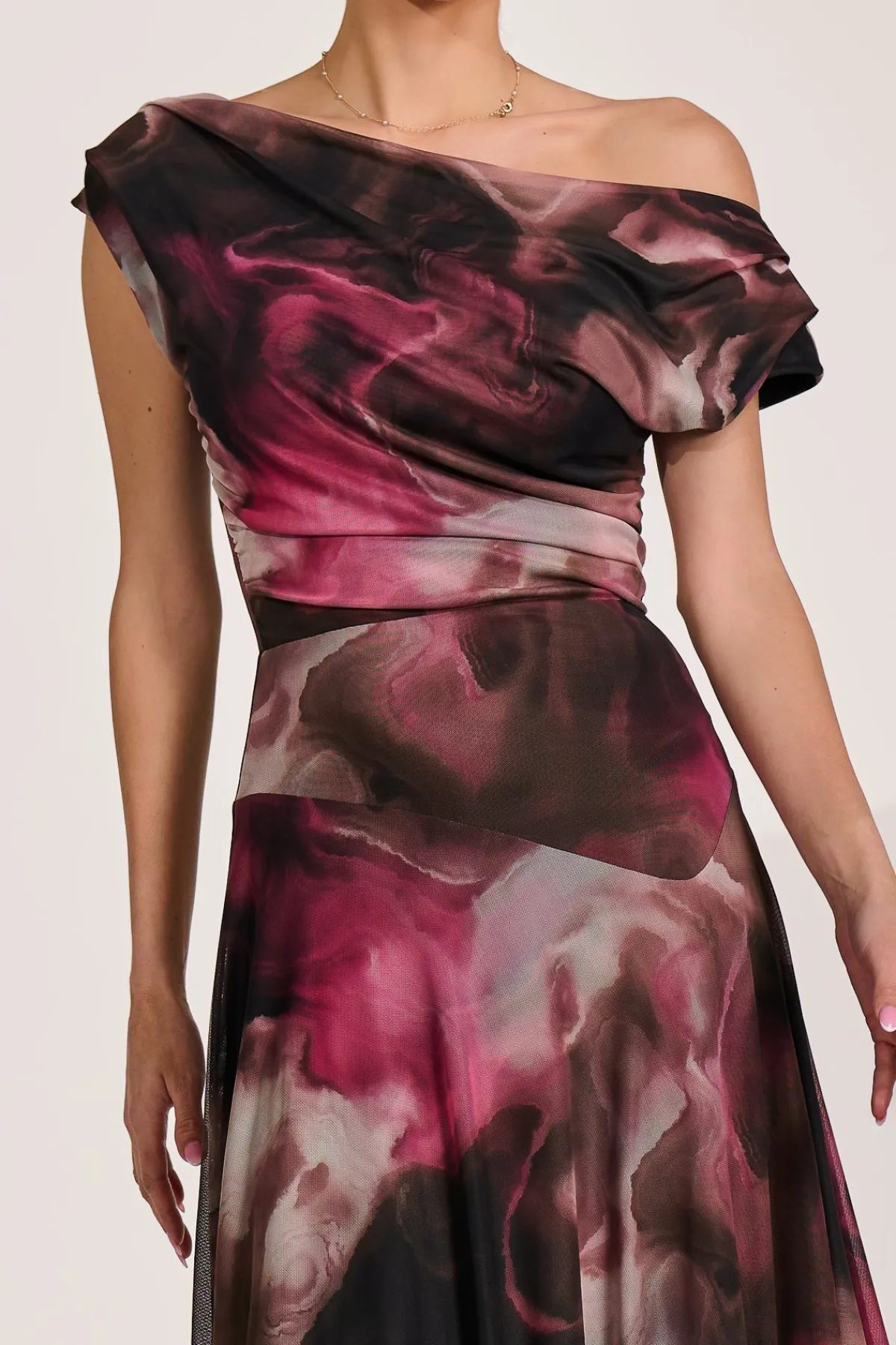 Jolie Moi Occasion Dresses|Maxi Dresses-Asymmetrical Draped Mesh Maxi Dress, Pink Abstract
