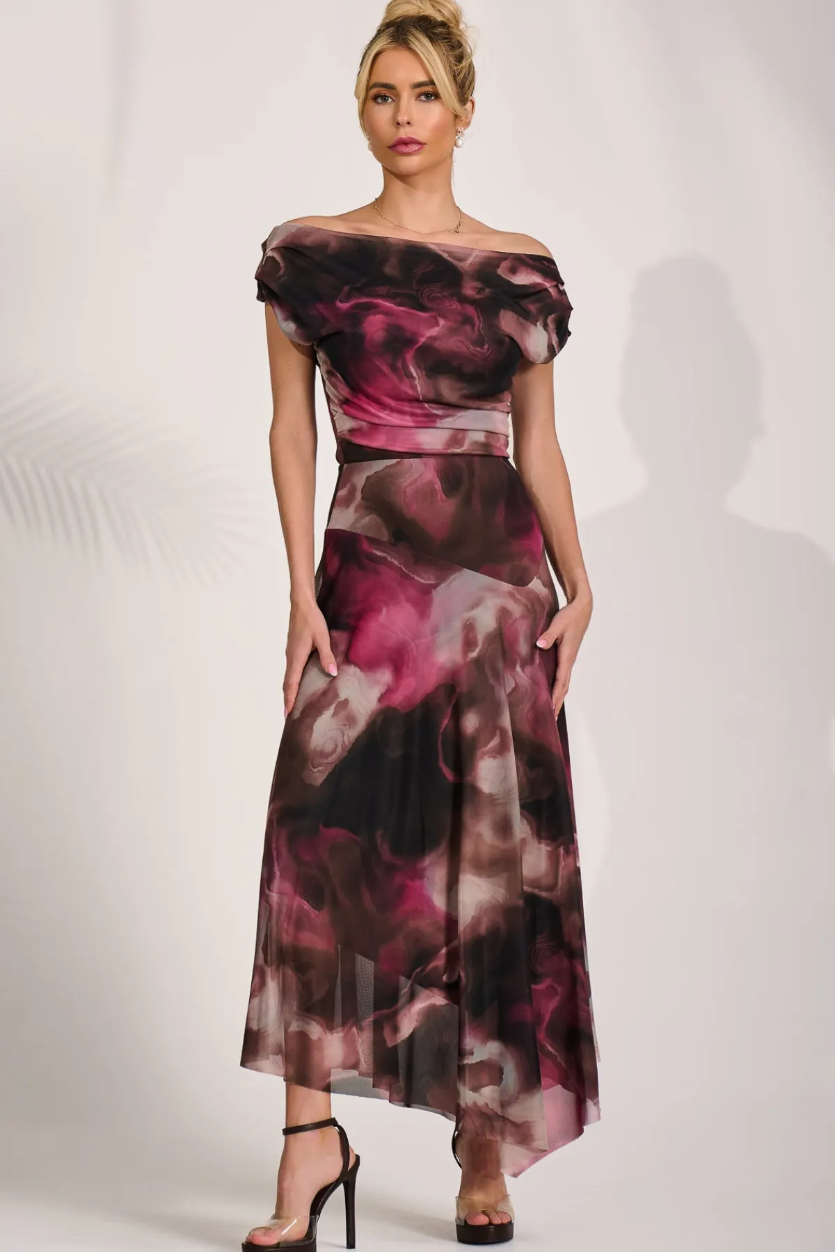 Jolie Moi Occasion Dresses|Maxi Dresses-Asymmetrical Draped Mesh Maxi Dress, Pink Abstract