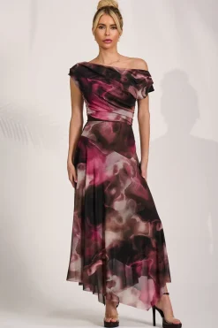Jolie Moi Occasion Dresses|Maxi Dresses-Asymmetrical Draped Mesh Maxi Dress, Pink Abstract